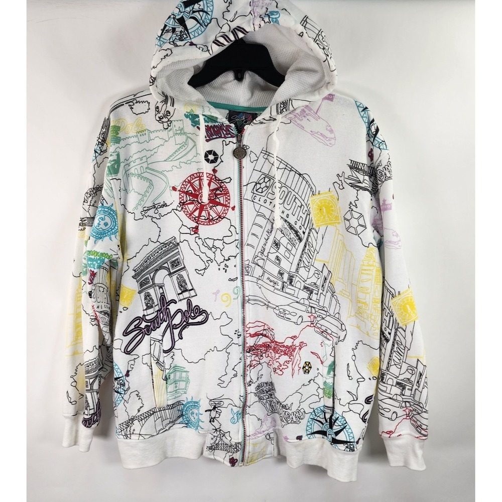 Vintage Southpole All Over Print Full Zip Hoodie Men's M White Jacket Y2K